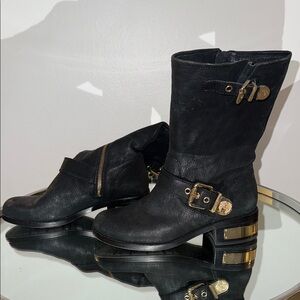 Vince Camuto Black Heeled Boots with Gold Accents